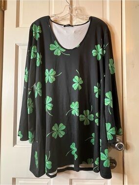 Black Tunic Top with Green Clover Print - Women’s Long Sleeve